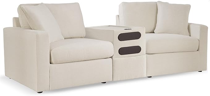 Signature Design by Ashley Modmax Coastal Modular Stain Resistant 3-Piece Sectional with Audio Console, Drawer, USB Ports and 2 Accent Pillows, Beige