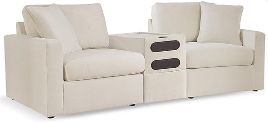 Signature Design by Ashley Modmax Coastal Modular Stain Resistant 3-Piece Sectional with Audio Console, Drawer, USB Ports and 2 Accent Pillows, Beige