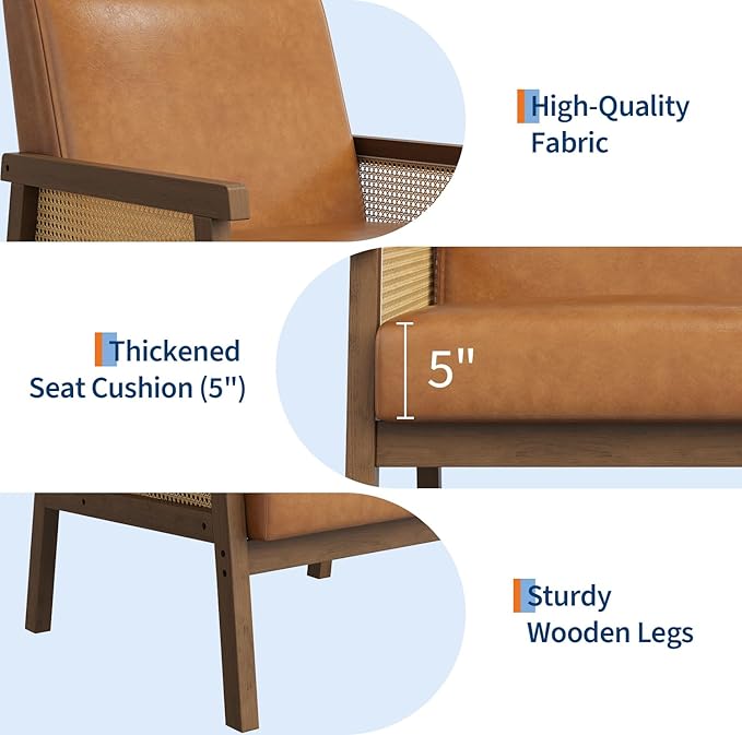 IDEALHOUSE Rattan Accent Chair, PU Leather Armchair, Upholstered Reading Chair with Wooden Frame and High Back, Leisure Chairs for Living Room Bedroom Waiting Room Reception, Brown