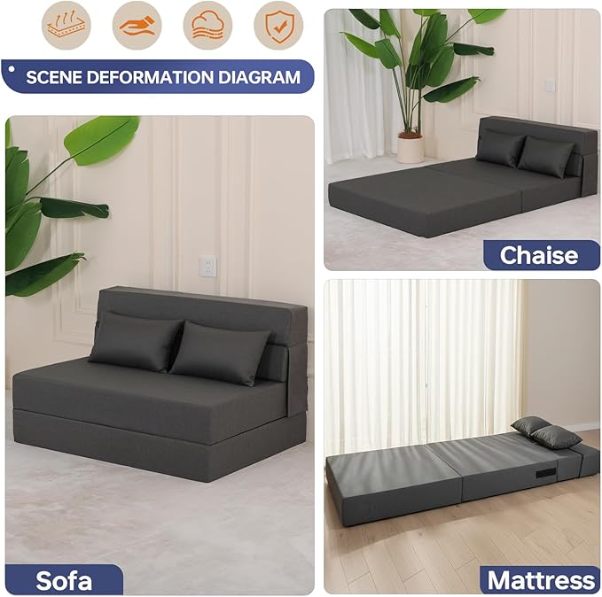 Folding Sofa Bed, Foldable Sleeper Chair with Pillow, Convertible Fold Out Chair Bed with Washable Cover, Foldable Mattress for Living Room, Bedroom, Guest Room, Single Size, Dark Grey