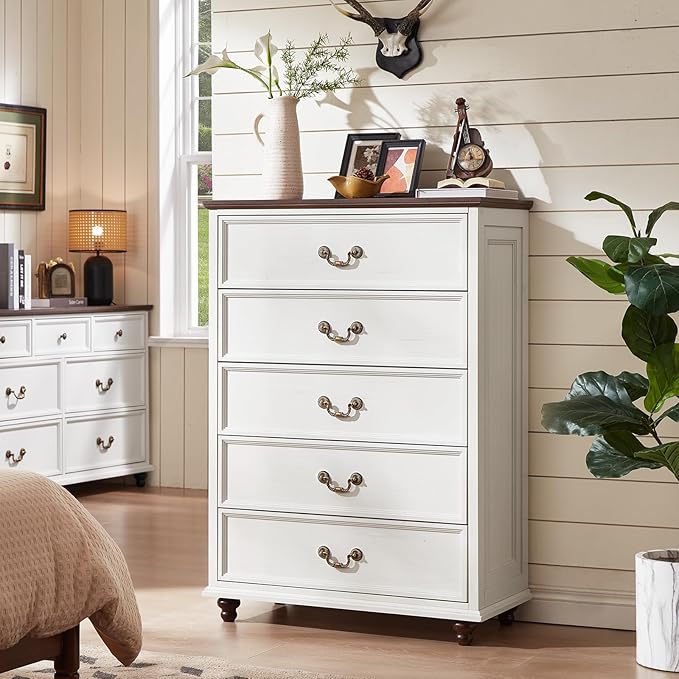 Joaxswe 24" Wide Farmhouse Nightstand Set of 2, 54" 7 Drawers Dresser, 45" Tall Rustic Chests of 5 Drawers w/ 4 Solid Wood Feet, Farmhouse Furniture Series for Living Room,Bedroom,White