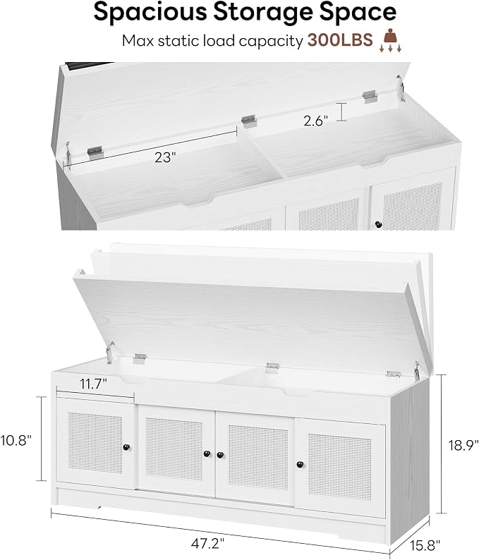LIKIMIO 47.2" Shoe Bench with Lift Top Storage, Entryway Bench with Cushioned Seat, 2-Tier Rattan Shoe Cabinet with Adjustable Shelf, Storage Bench for Bedroom, Living Room, Hallway, White - Image 2