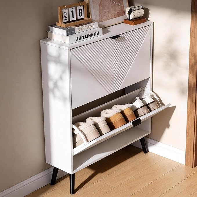 oakvivo Shoe Cabinet Storage, Farmhouse Freestanding Organizer with 2 Flip Drawers and 4 Wooden feet, Narrow Shoe Rack Cabinet for Entryway, Foyer, Hallway, White - Image 8