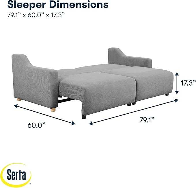Serta Glendale 90.2" Queen Size Wall-Hugging Convertible Sofa, Dreamcoil Comfort, Chenille Fabric, Grey