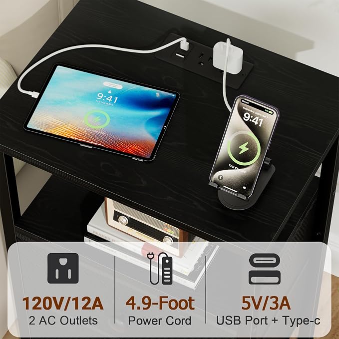 LOAKEKEL Night Stand with Charging Station, Small Bedside Table with 2 Fabric Drawers, Nightstand with USB Ports & Outlets for Bedroom, Black, HETS020BK-1 - Image 4