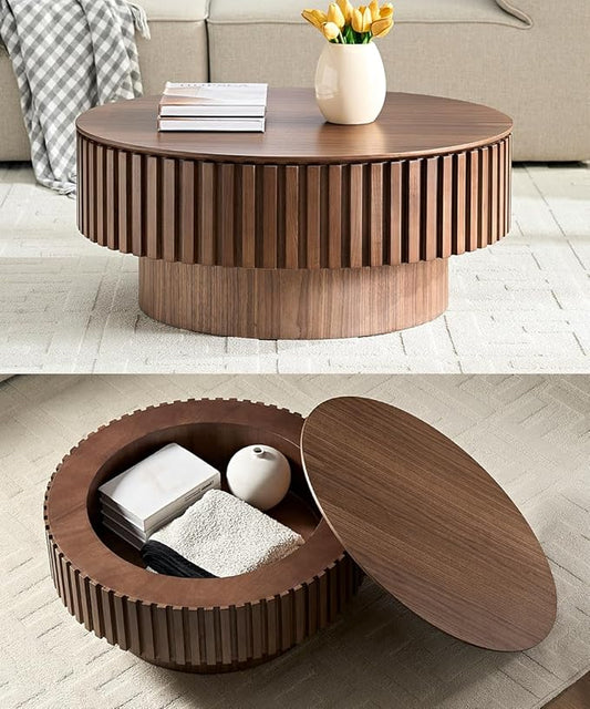 WILLIAMSPACE 31.49" Round Coffee Table with Storage for Living Room, Modern Circle Center Table with Solid Wood Veneered & Sturdy Pedestal, Accent End Tea Table for Apartment - Walnut