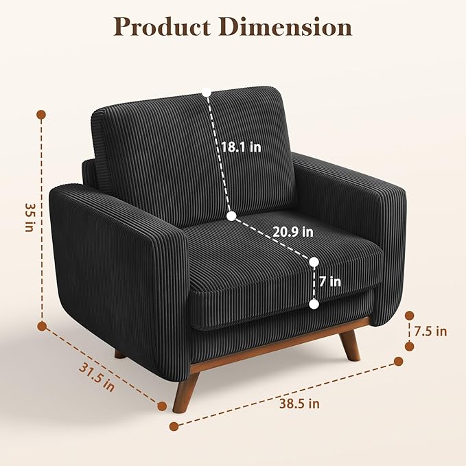 38.5" Black Corduroy Accent Chair, Comfy Deep Seat Armchair with Spring Cushion, Modern Reading Sofa for Living Room Bedroom