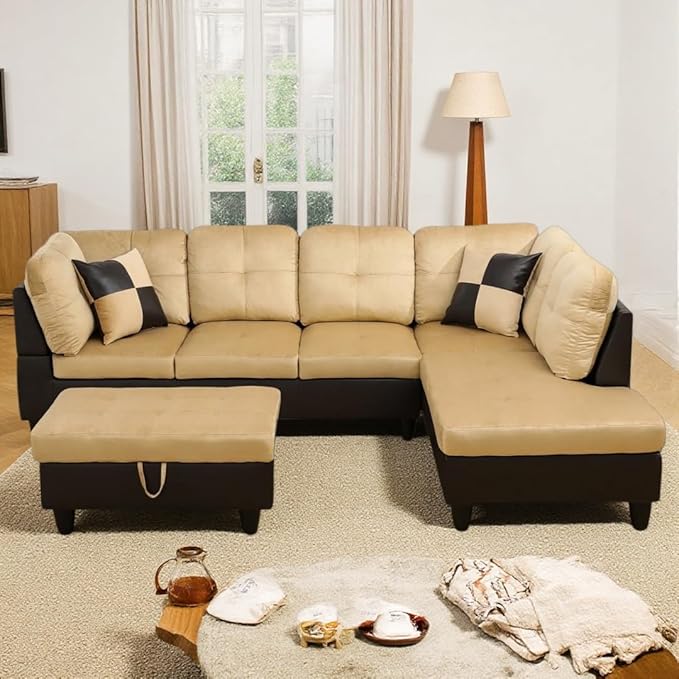 NicBex Modular L-Shaped Sectional Couches, 3-Piece Convertible Couch with Storage Ottoman, 4-Seat Comfy Sofa with Chaise for Living Room & Apartment, Beige + Brown