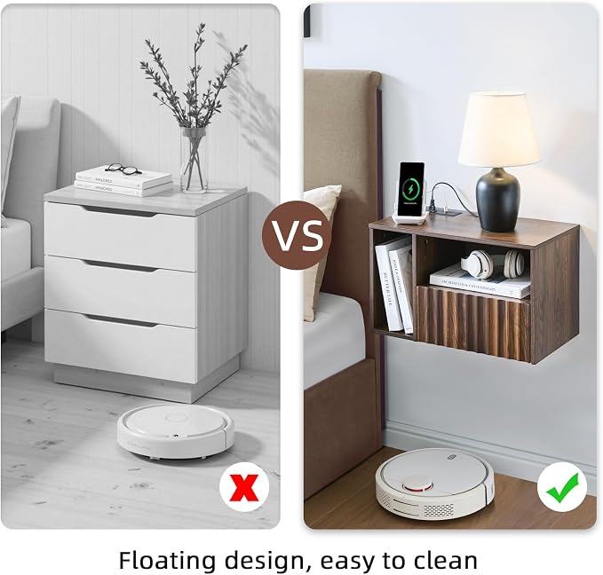 BuildHom Floating Nightstand with Charging Station, Walnut Fluted Wall Mounted NightStand with Drawers, Bedside with USB Ports and Outlets, Bedroom Furniture (Set of 2) - Image 6