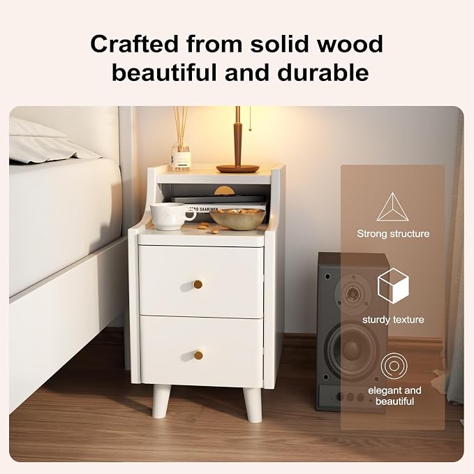 Narrow Nightstand with 2 Drawers,White Nightstand,Bedside Table,Solid Wood Modern Bedside Table for Bedroom,Study,Toilet - Image 3