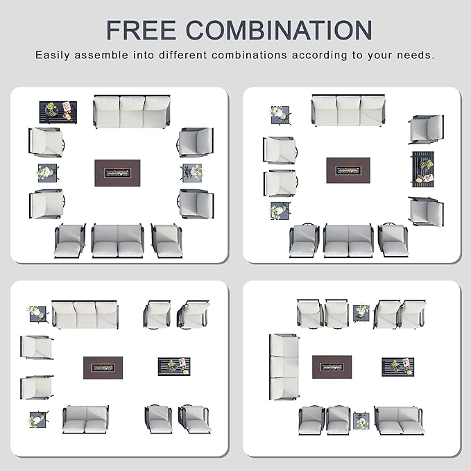 12 Pieces Outdoor Patio Conversation Sets, Outdoor Furniture Set Metal 3-Seater 4 Swivel Rockers with 2 Side Tables 2 Single Chairs 1 Loveseat with Coffee Table and Fire Pit Table for Backyard, Beige
