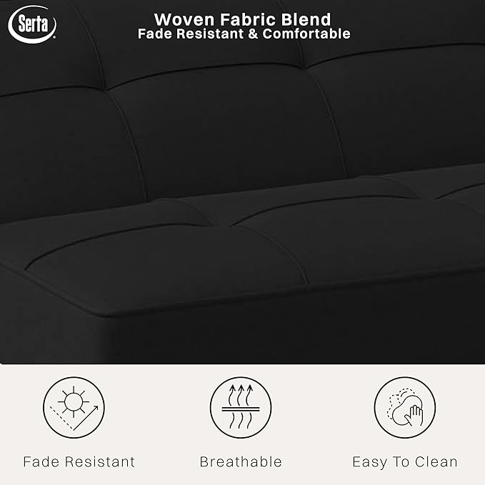 Serta® Rane Futon Sofa Bed 66.1", 3-in-1 Convertible Couch Sleeper for Small Spaces, Tufted Back, Twin Size Guest Bed, Black Woven Fabric