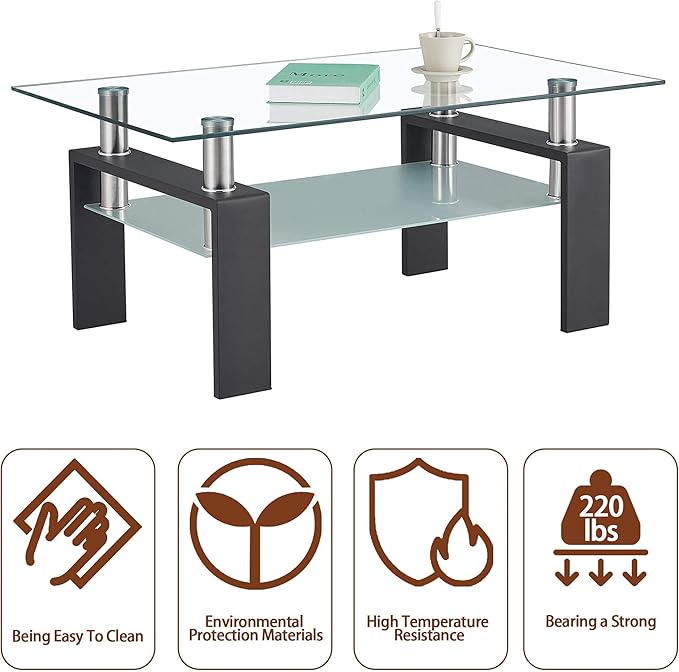 IANIYA Rectangle Glass Coffee Table, Living Room Table with Black Metal Legs & Tempered Glass, Modern Center Table for Bedroom Small Space