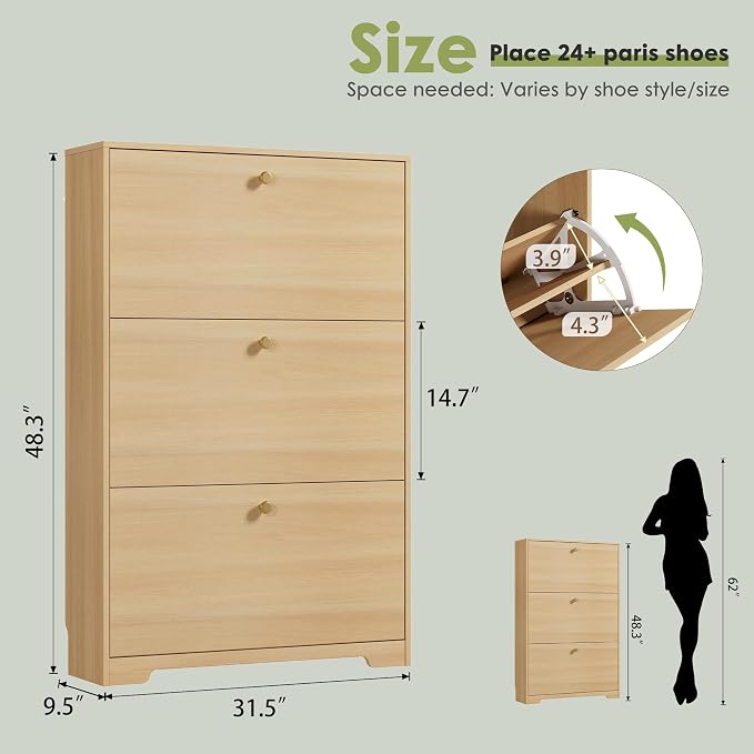 Nicetree Shoe Storage Cabinet, Slim Shoe Cabinet, Hidden Shoe Rack Cabinet, Shoe Storage Cabinet for Entryway, Hallway, Foryer, Natural Oak - Image 2