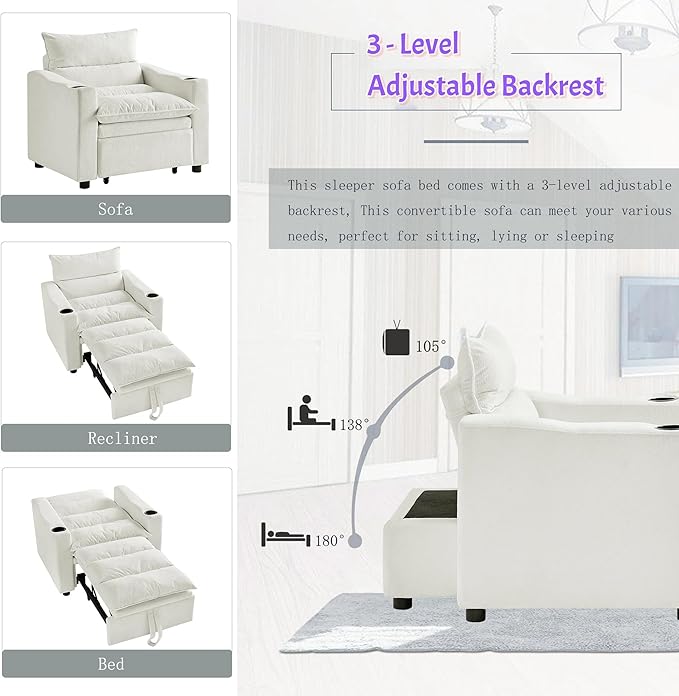 3-in-1 Convertible Sleeper Chair, Velvet Pullout Chair with Cup Holders, Recliner Sofa Bed with 4 Adjustable Angles, Convertible Lazy Sofa Bed for Small Spaces Home Office, Beige