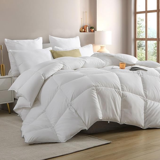 Cobnom® Hotel Luxury Feather Down Comforter Oversized Queen, Medium Warm All Season Duvet Insert, Silky Soft Egyptian Cotton Blend Cover, Ethically Sourced Feather Down Filled, 98x98 Inch, White