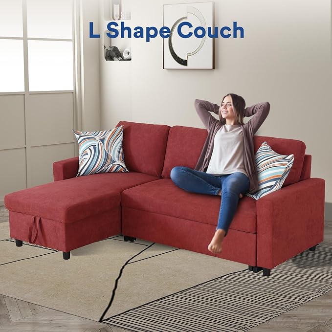 Rovibek 83" Convertible Sofa Bed Couch with Storage - 4 in 1 L Shaped Sofa with Pull Out Couch Bed for Living Room, Apartment, Office, Small Spaces, Red
