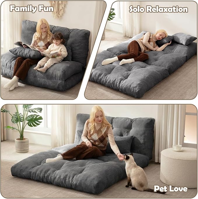 Folding Sofa Bed, Convertible Sleeper Chair with Pillow Foldable Mattress with Back Support, Portable Fold Out Chair Bed Comfy Floor Sofa Lounge for Living Room Bedroom, Dark Gray Full 80x54 Inch