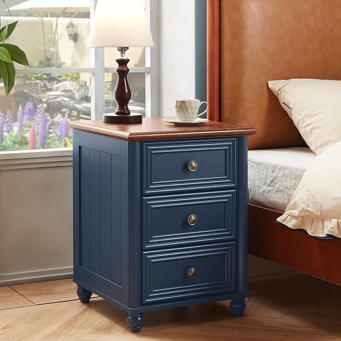 RWYHG 18" Farmhouse Night Stand Set of 2, Blue Wood Nightstand with 3 Drawers, Bedside End Table with Storage and Roman Column, Bed Side Tables Cabinet for Bedroom, Living Room, and Closet - Image 2