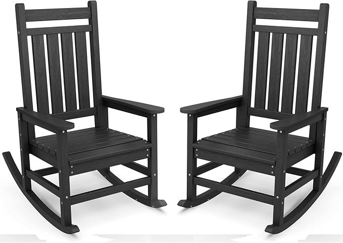 SERWALL Outdoor Rocking Chair Set of 2, HDPE Rocking Chairs for Adult, Black by SERWALL