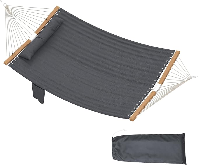 Outsunny Outdoor Hammock, 2-Person Hammock with Head Pillow and Pad, Wood Spreader Bars, 440 lbs Capacity, for Patio Yard Garden, 128" x 55", Gray by Outsunny