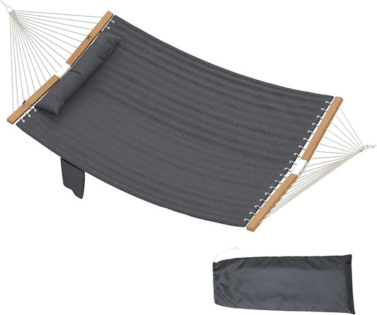 Outsunny Outdoor Hammock, 2-Person Hammock with Head Pillow and Pad, Wood Spreader Bars, 440 lbs Capacity, for Patio Yard Garden, 128" x 55", Gray by Outsunny