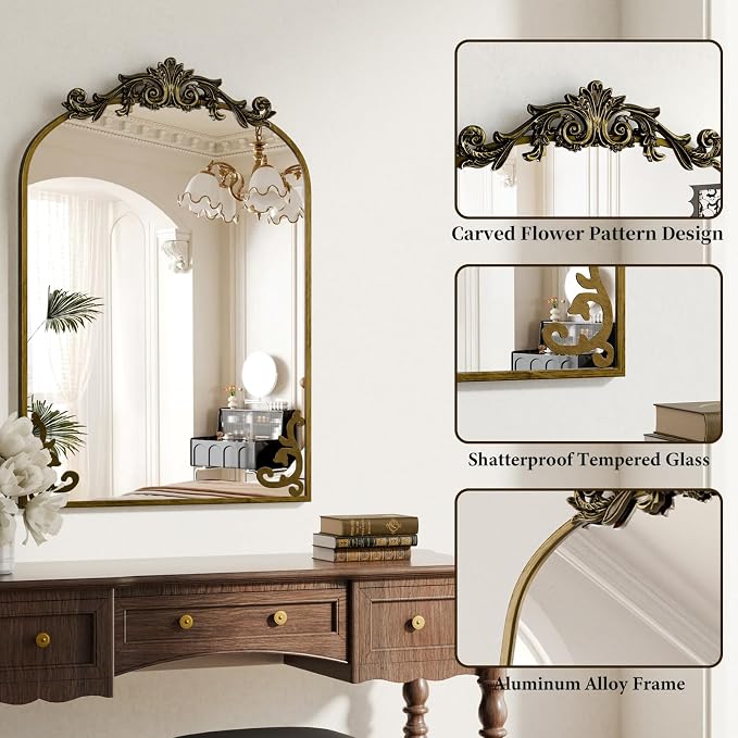 Koonmi Vintage Mirror, 22x30 Antique Barolon Mirror for Wall, Bronze Frame with Ornate Patterns, Flower Head, Shatter-Proof Tempered Glass Arched Decorative Mirrors for Bathroom - Image 4