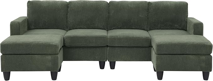 Ball & Cast 101" Convertible U Shaped Couch with Ottoman, Corduroy 4 Seater Modular Sectional Sofa, Corner Sectional Couches for Living Room,Office, Green