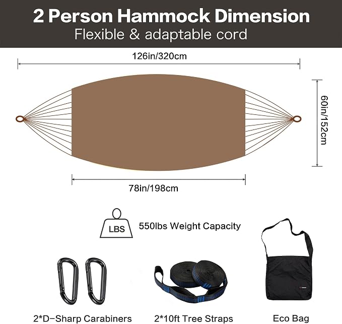 CHULIM Handwoven Mayan Hammock with 10ft Tree Straps, 550lbs Capacity Soft Rope Double Hammock, Portable Outdoor Hammock with Carry Bag for Camping Backyard Beach - Coffee - Image 3