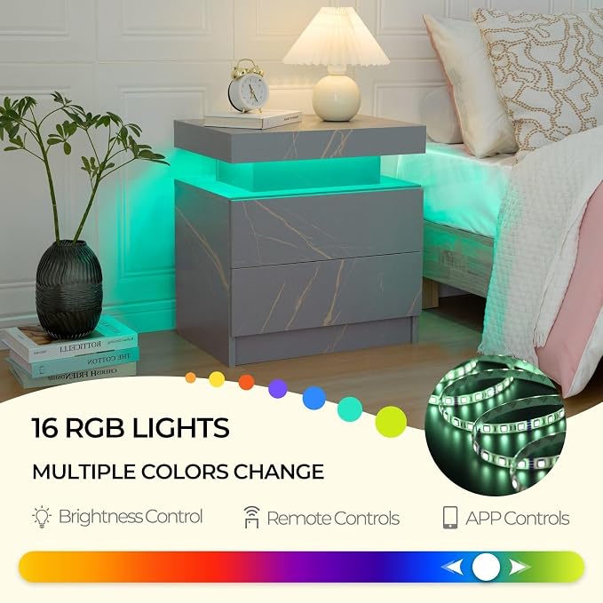 Bingoday LED Nightstand,Modern Night Stand with 2 Drawers,Bedside Table with LED Lights,End Side Table for Bedroom - Image 6