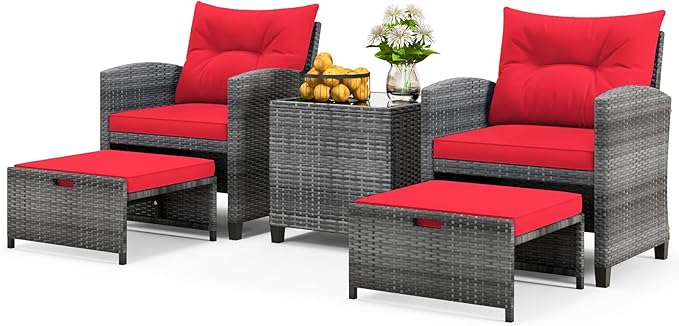 ORALNER 5 Pieces Patio Furniture Set with Ottoman, Wicker Conversation Set w/Cushions, Glass Coffee Table, Outdoor Lounger Rattan Chairs Bistro Set for Porch Balcony Garden Deck Poolside (Red)