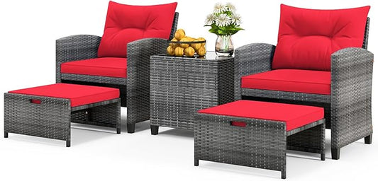 ORALNER 5 Pieces Patio Furniture Set with Ottoman, Wicker Conversation Set w/Cushions, Glass Coffee Table, Outdoor Lounger Rattan Chairs Bistro Set for Porch Balcony Garden Deck Poolside (Red)