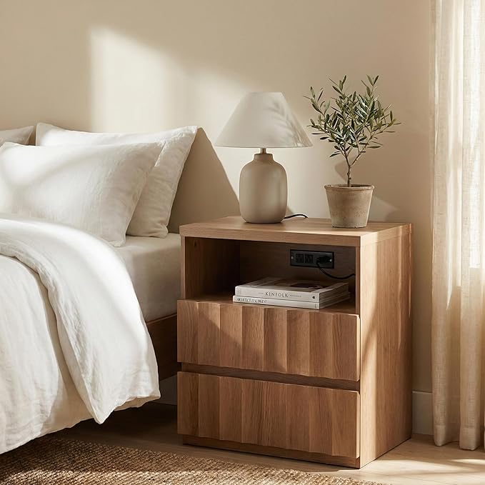 VividVibe Wide Fluted Nightstand Set of 2 with Charging Station, Side Table with Discreet Rear Cord Cutouts, 2 Drawers Wooden Modern Organic End Table Bedside Table for Bedroom Home Office Light Oak - Image 5