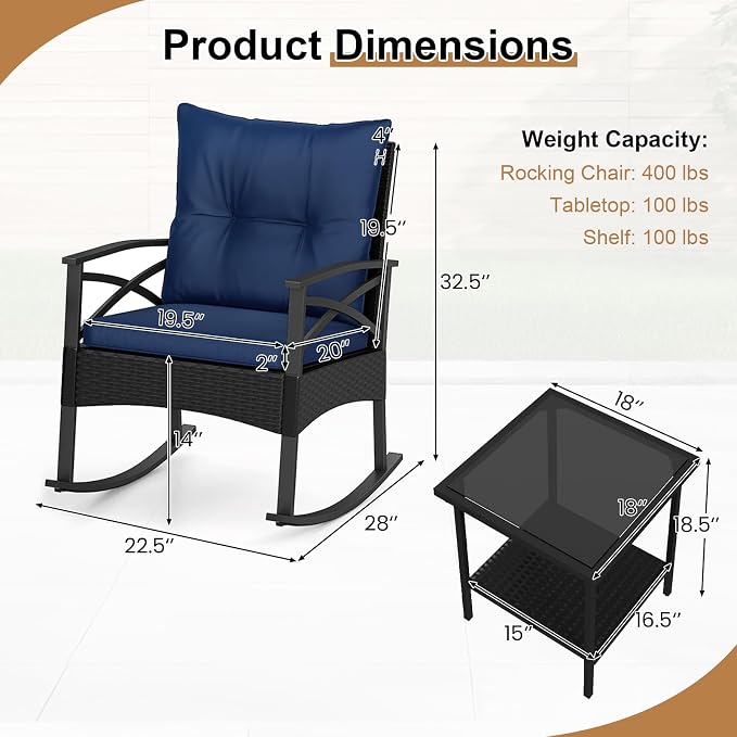 Tangkula 3 Pieces Outdoor Rocking Chairs Set, Rattan Heavy Duty Cushioned Rocker Chairs with 2-Tier Tempered Glass Coffee Table, for Garden, Balcony, Backyard (Black+Navy) - Image 6