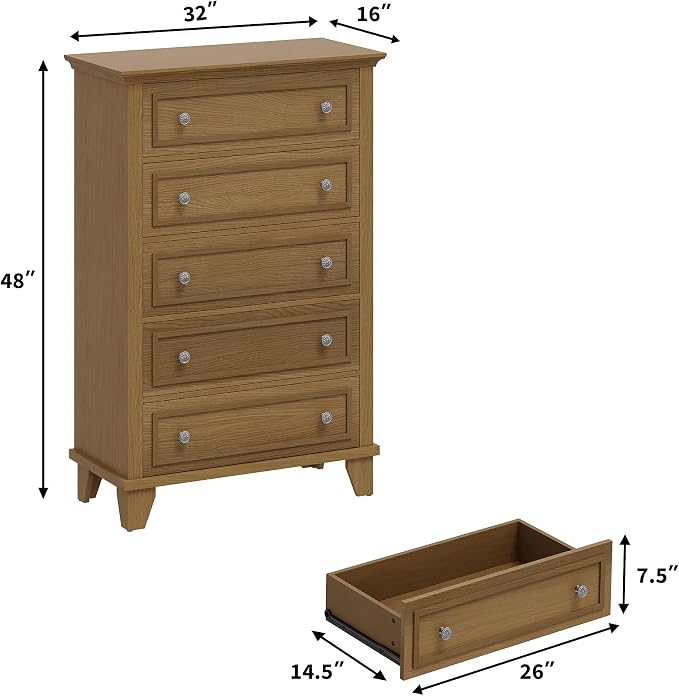 GAOMON Brown 5 Drawer Dresser for Bedroom, 48" Tall Wood Dresser & Chests of Drawers with Deep Drawers, Modern Chest Organizer with Metal Handles for Living Room, Hallway, Entryway - Image 2