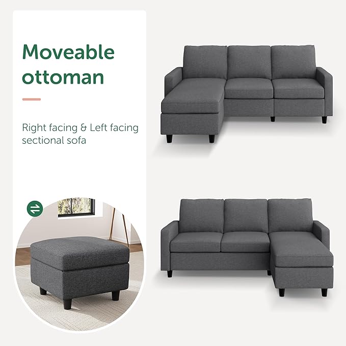 HONBAY Convertible Sectional Sofa, L Shaped Couch with Reversible Chaise, Sectional Couch for Small Space Apartment, Mid Grey