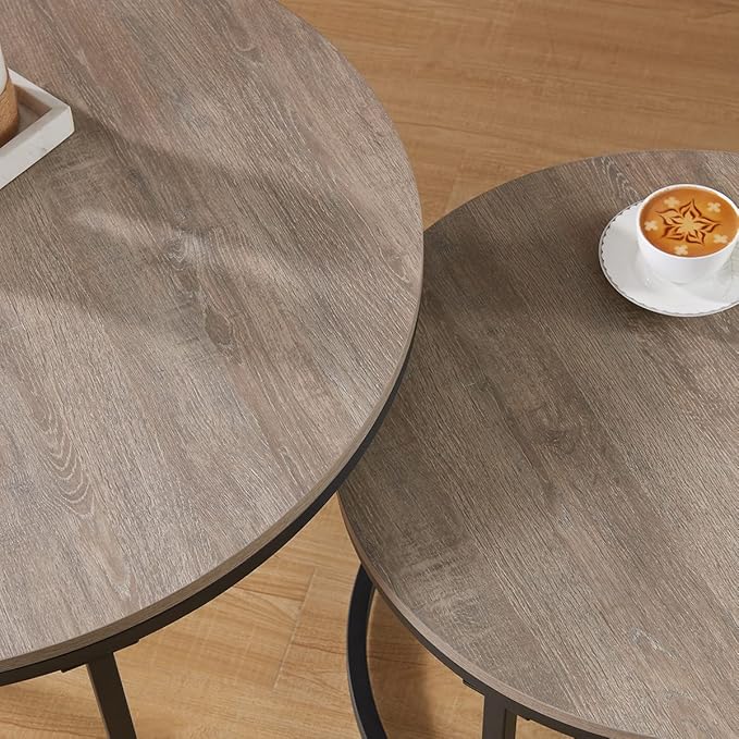 CENSI Round Nesting Coffee Table Set of 2, 31.5" Modern Grey Wash Oak Wood & Metal Frame, Industrial Circle Stacking Accent Tables for Living Room, Rustic Farmhouse Decor, Easy Assembly