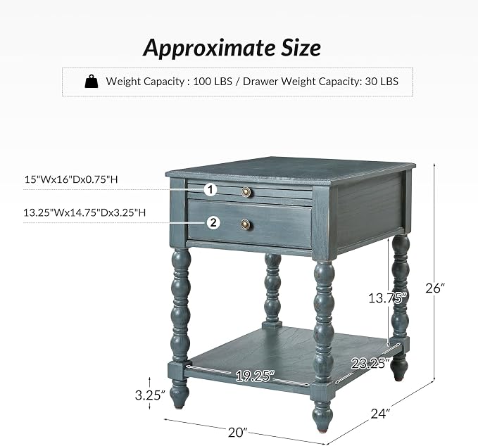 HULALA HOME Spindle Nightstands with Charging Station, Solid Wood Nightstand with Drawer Shelf, Side Table with Pull-Out Shelf (1, Blue) - Image 2
