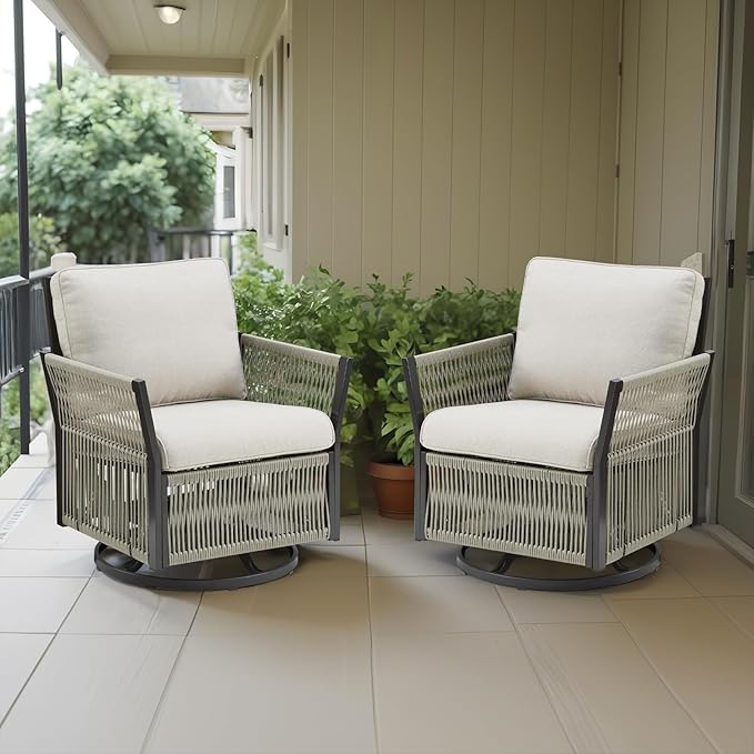 Outdoor Patio Furniture Set, 2025 New Outdoor Swivel Rocking Chairs Set of 2, Patio Wicker Chairs Swivel Rocker for Deck Porch Balcony (Beige)
