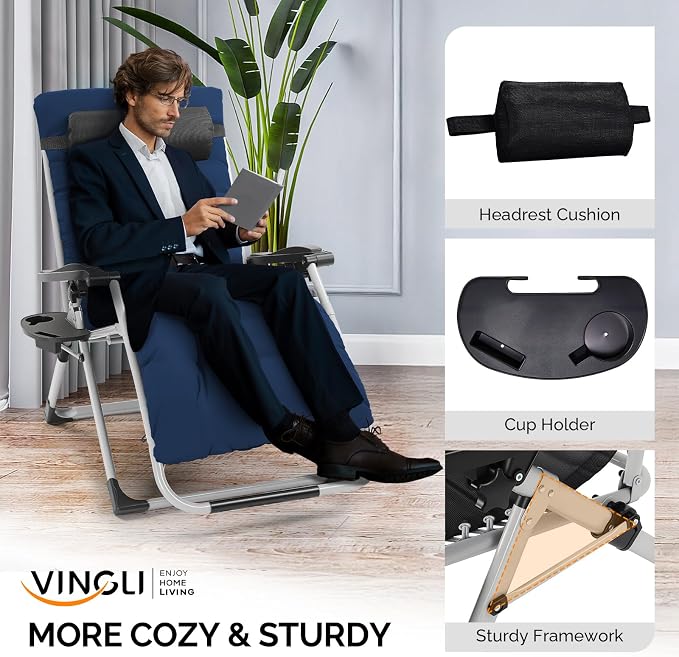 VINGLI 29" Padded Zero Gravity Chair, Lounge Chair with Removable Cushion & Tray， Folding Reclining Patio Chairs， Recliner Chair for Lawn，Indoor Outdoor-Blue - Image 4