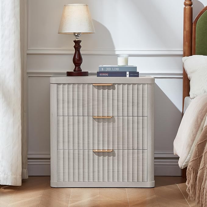 LEYAOYAO Fluted Farmhouse Nightstand Set of 2 with Charging Station, 23" Wide 3 Drawers Night Stand,LightGrey Dresser for Bedroom,Bed Side Table Chest of Drawers,Wood End Table for Living Room - Image 3