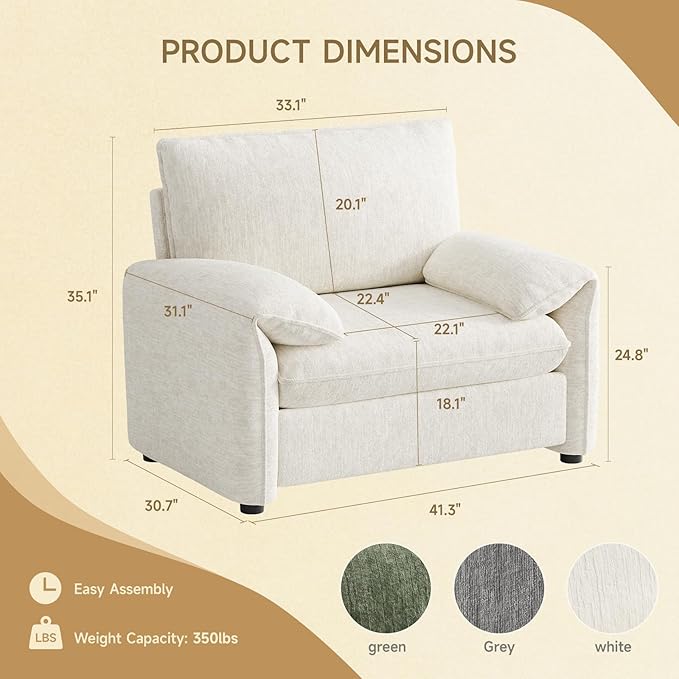 ONBRILL Oversized Accent Chair, 41 Inch Chenille Fabric Armchair, Comfy Single Sofa Chair with Padded Arms, Pocket Spring Cushion, Modern Reading Chair for Living Room, Bedroom, Beige