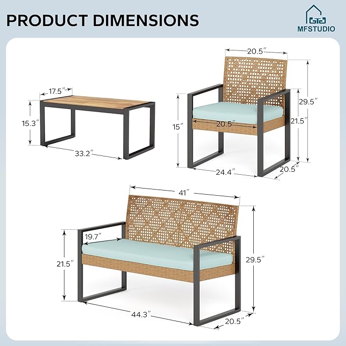 MFSTUDIO Outdoor Sofa Set for 4, Small Patio Couch with 2 Armchairs & Wood Table, Porch Wicker Loveseat Furniture Set for Deck, Backyard, Mint Green