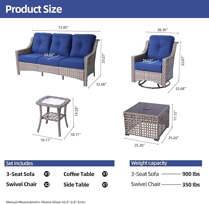 HOOOWOOO 5 Piece Patio Furniture Conversation Sets with Swivel Rocking Chairs,Outdoor Wicker Furniture with LED Tablet,All Weather Resistant High Back Rattan Conversational Set(Navy Blue)