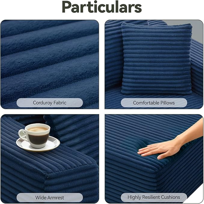 106" Modular Sectional Sofa, Blue Corduroy Cloud Couch with Right Chaise, Deep Seat Boneless Floor Sofa for Living Room, High-Resilience Foam Support, No Assembly Required, Includes Pillows | Sectional Sofa, Corduroy Cloud, Boneless, High-Resilience, N...