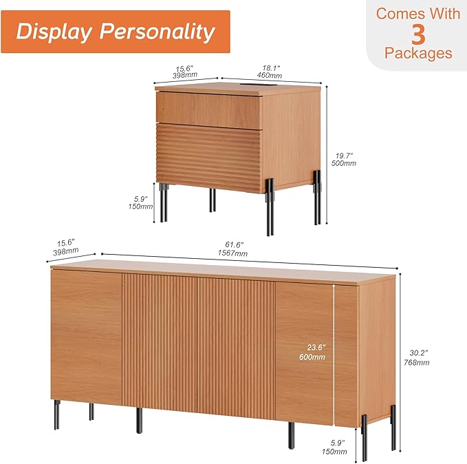 WAMPAT 3 Pieces Bedroom Set, Fluted Dresser and Nightstand Set, Wood Storage Cabinet and Nightstands Set of 2 with Charging Station, Wide Storage Organizer Cabinet for Bedroom, Mocha