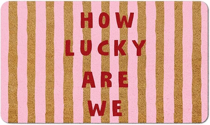 How Lucky are We Pink Striped Faux Coir Door Mat Doormat for Front Door Indoor Outdoor Porch Entrance Entryway Outside Inside, Preppy Girly Pink Welcome Mat, 17x30 Inches by MKIJUHB