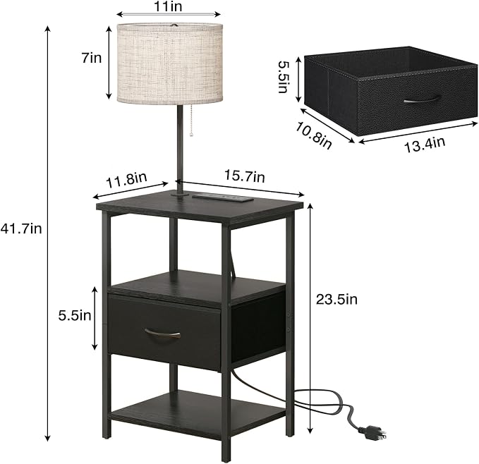 Fixwal Nightstand with LED Lights Bedside Table with 3 Color Temperatures Bulb, NightStand with Charging Station End Table with Adjustable Fabric Drawer for Bedroom Dorm, Black - Image 3
