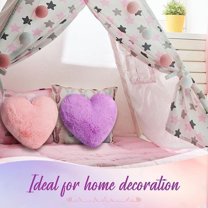 Marsui 2 Pcs Heart Throw Pillows, Soft Fluffy Faux Fur Decorative Hearts Shaped Pillows for Living Room Sofa Bed, Cute Heart Themed Gift for Women(Pink, Purple,11.81 x 11.02 Inch)