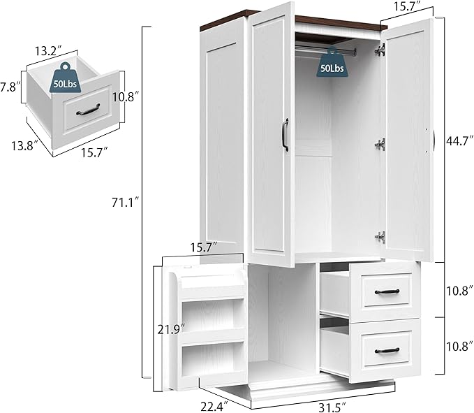ANCTOR Wardrobe Closet with Drawers, 71.1" H Tall Wooden Armoire with 2 Doors and Hanging Rod for Hanging Clothes, Freestanding Wardrobe Storage Cabinet, Stand Alone Clothing Organizer Closet, White